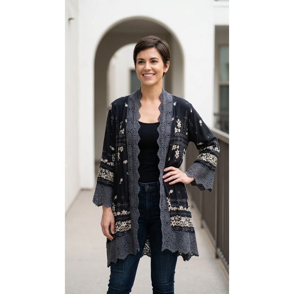 Johnny Was Black Floral Knit Lace Trim Embroidered Kimono Women Size XL - Picture 2 of 12